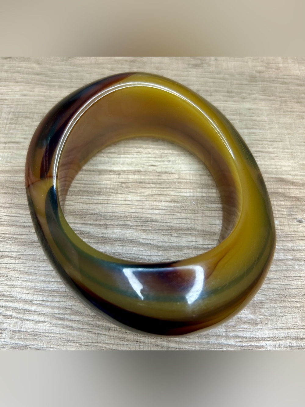 Bakelite Vintage Chunky Asymmetrical Bangle Bracelet in Amber/Green Tones